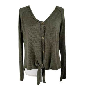 Sienna Sky Womens Henley Shirt Green Thermal Waffle Knot Front Stretch L…